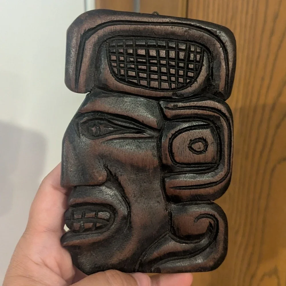 Vintage Honduras Hand Carved Wood Mayan Aztec Face Wall Plaque Folk Art Decor